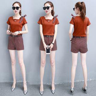 Set: Tie-shoulder Top + Striped Shorts