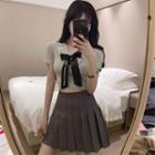 Short-sleeve Bow Neck Top / Pleated Skirt / Set