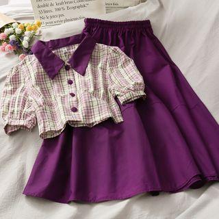 Set: Puff-sleeve Plaid Crop Top + Midi Skirt