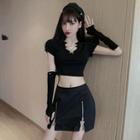 Short-sleeve Chain Detail T-shirt / Zipped Mini Pencil Skirt / Fingerless Gloves