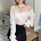 Long-sleeve Cold Shoulder Lace Frill Trim Crop Top