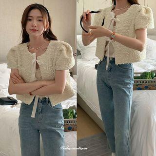 Puff-sleeve Tweed Jacket Milky White - One Size