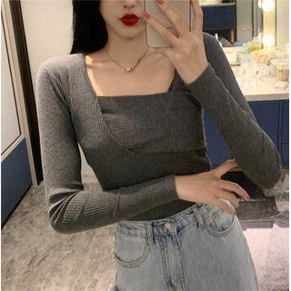 Square-neck Plain Long-sleeve Top