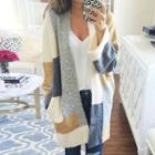 Color Block Long Cardigan Gray - M