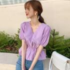 Puff-sleeve Tie-waist Plain Blouse
