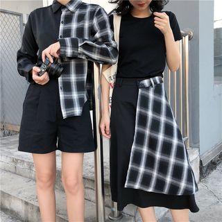 Check Long-sleeve Loose-fit Shirt / Irregular Check Skirt