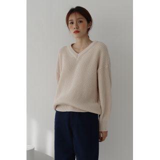 V-neck Drop-shoulder Ribbed Sweater Ivory - One Size