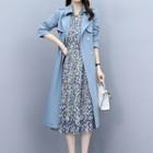 Set: Floral Print A-line Chiffon Dress + Double-breasted Trench Coat