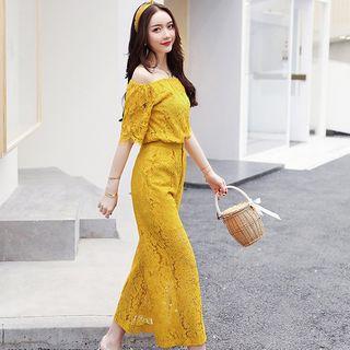 Set: Off-shoulder Lace Top + Pants