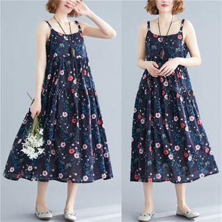 Wide Strap Floral Print Midi A-line Dress Navy Blue - One Size
