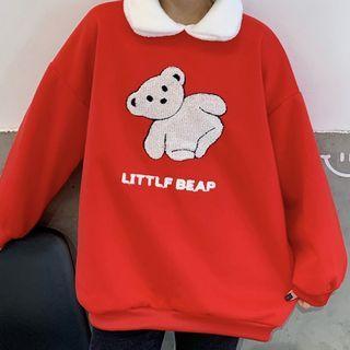 Mock Two-piece Collared Bear Print Sweatshirt