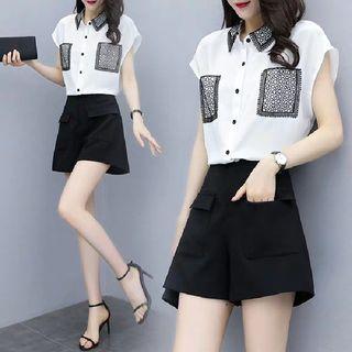 Set: Lace Panel Cap-sleeve Blouse + Pocketed Shorts