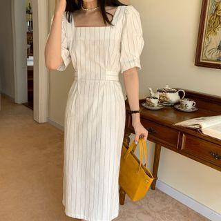 Puff Sleeve Square Neck Striped Midi Dress