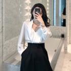 Plain V-neck Long-sleeve Loose-fit Blouse / Plain Loose-fit Pants