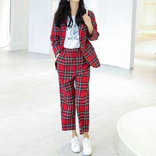 Set: Tartan-plaid Blazer + Wide-leg Pants