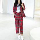 Set: Tartan-plaid Blazer + Wide-leg Pants