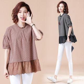 Balloon-sleeve Lace Trim Plaid Blouse