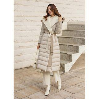 Hooded Contrast-panel Duck-down Coat With Belt Cream - One Size