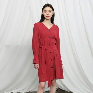 V-neck Pintuck-trim Shirtdress With Sash