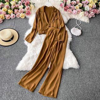Set: Cropped Blazer + High-waist Wide-leg Pants