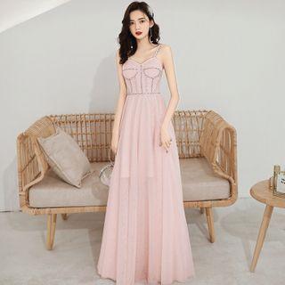 Rhinestone Spaghetti Strap Sheath Evening Gown