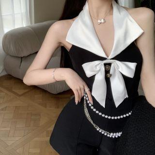 Color Block Bow Detail Halter Tank Top
