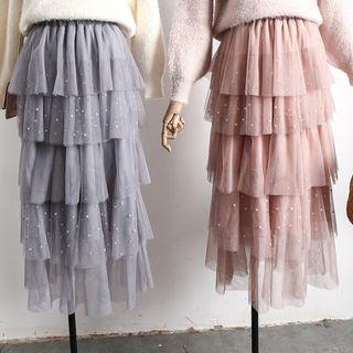Faux-pearl Layered Mesh Skirt