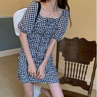 Puff Sleeve Square Neck Ruched Sheath Dress