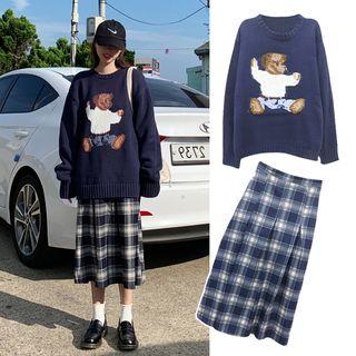 Bear Sweater / Plaid Midi Skirt / Set