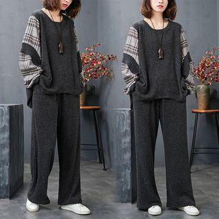 Set: Plaid Panel Sweater + Wide Leg Pants