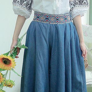 Embroidered Denim Culottes Blue - One Size