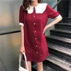 Plain Short-sleeve Shirt Dress Red - One Size