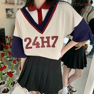 Elbow-sleeve Numbering Polo Top / Pleated Mini Skirt / Set