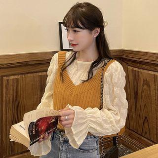 Flared-cuff Round Neck Crinkle Blouse / Knit Camisole Top