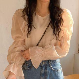 Lantern Sleeve Lace Up Blouse Almond - One Size