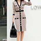 Long-sleeve Patterned Button-up Knit Sheath Dress Black & Almond - One Size
