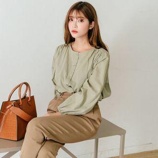Dip-back Balloon-sleeve Shirred Blouse