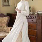 Set: Mock-neck Puff-sleeve Paneled Midi A-line Dress + Belt