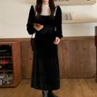 Long-sleeve Lace Panel Velvet Midi Dress Black - One Size