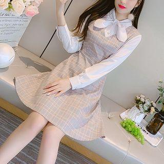 Long-sleeve Tie-neck Plaid Midi A-line Chiffon Dress