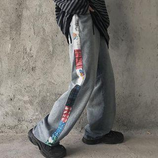 Patterned Side Panel Straight-cut Jeans