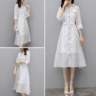 Pinstriped 3/4-sleeve A-line Midi Shirt Dress