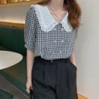 Puff-sleeve Lace Collar Gingham Blouse