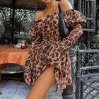 Long-sleeve Off-shoulder Animal Print Mini A-line Dress
