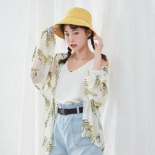 Leaf Print Open Front Chiffon Shirt Off-white - One Size