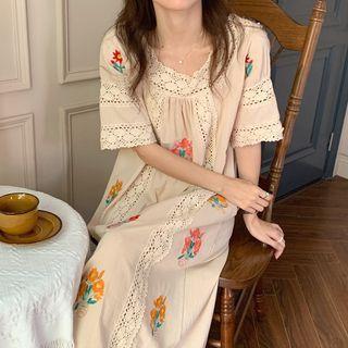 Short-sleeve Floral Embroidered Lace Trim Midi A-line Dress Almond - One Size