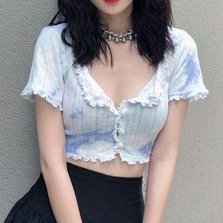 Short-sleeve Ruffle Trim Button-up Tie Dye Crop Top