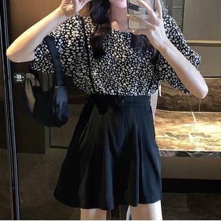 Set: Floral Short-sleeve T-shirt + Suspender Shorts
