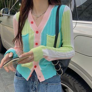 Ribbed Color Block Cardigan Pink & Blue & Green - One Size