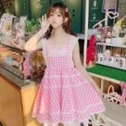 Sleeveless Lace Trim Gingham A-line Dress